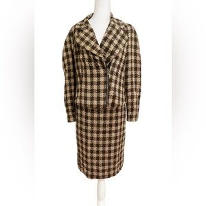Ellen Tracy Size 6 Brown & Beige Gingham Tweed Skirt Suit Set